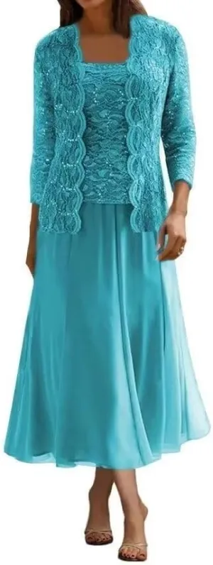 2 Pcs Mother of The Bride Dresses for Wedding Lace Sequins Tea Length Formal Evening Dress with Jackets