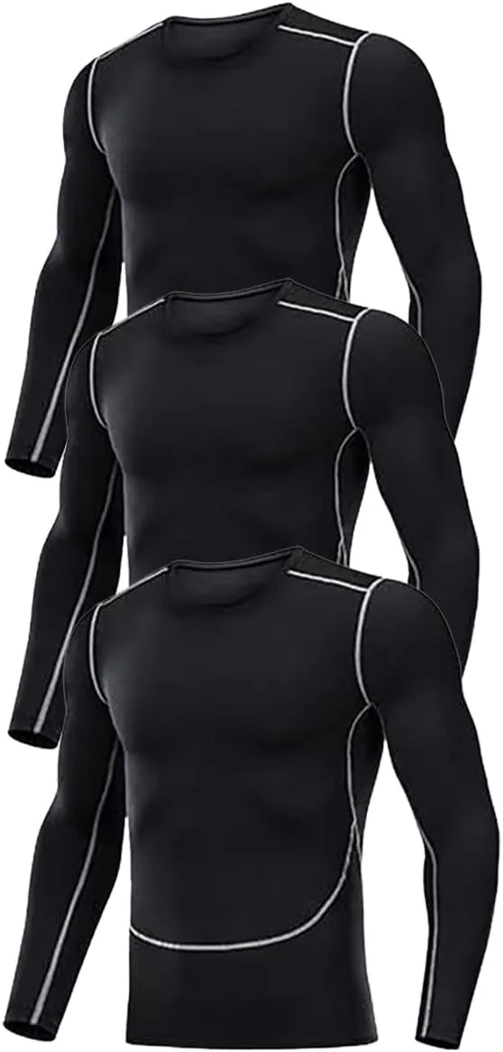 3 Pack Men's Compression Shirts Long Sleeve Athletic Workout T Shirts Baselayer Running Top Gym Undershirts