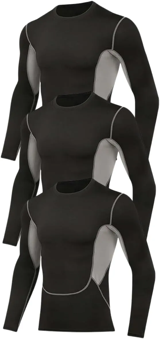 3 Pack Men's Compression Shirts Long Sleeve Athletic Workout T Shirts Baselayer Running Top Gym Undershirts