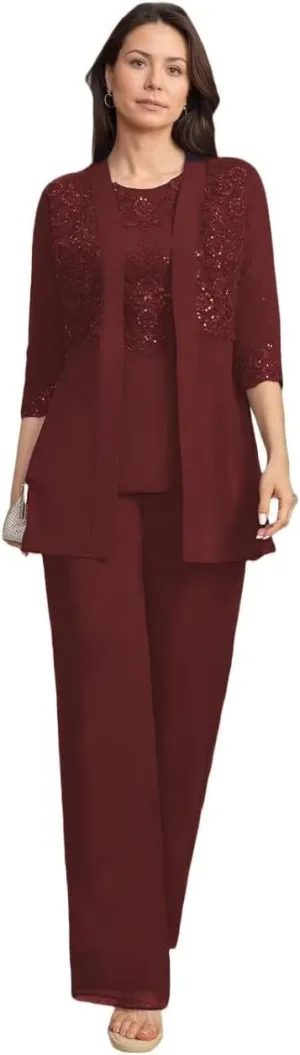 3 Pieces Mother of Bride Pant Suits with Jackets Laces Sequin Chiffon Mother of Groom Dresses