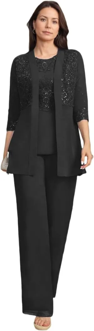 3 Pieces Mother of Bride Pant Suits with Jackets Laces Sequin Chiffon Mother of Groom Dresses