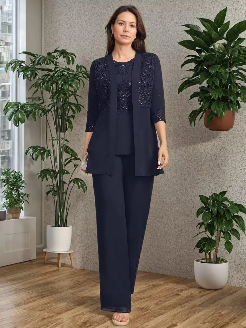 3 Pieces Mother of Bride Pant Suits with Jackets Laces Sequin Chiffon Mother of Groom Dresses