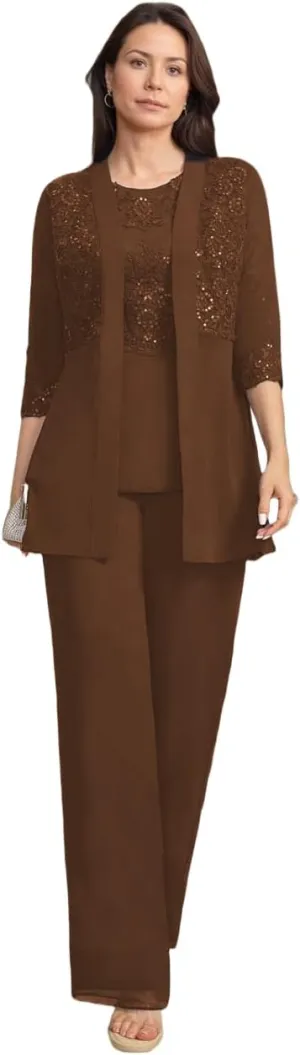 3 Pieces Mother of Bride Pant Suits with Jackets Laces Sequin Chiffon Mother of Groom Dresses