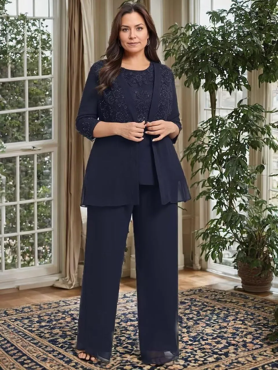 3 Pieces Mother of Bride Pant Suits with Jackets Laces Sequin Chiffon Mother of Groom Dresses
