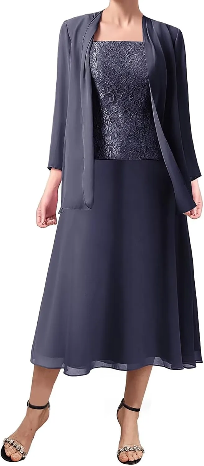 3 Pieces Mother of The Bride Dresses Women Chiffon Formal Evening Gowns with Long Sleeve Jackets