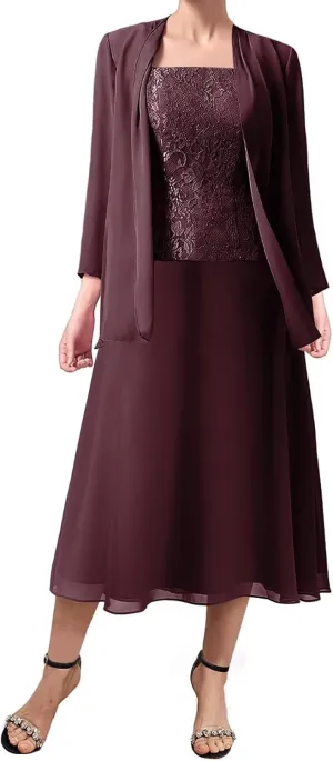 3 Pieces Mother of The Bride Dresses Women Chiffon Formal Evening Gowns with Long Sleeve Jackets