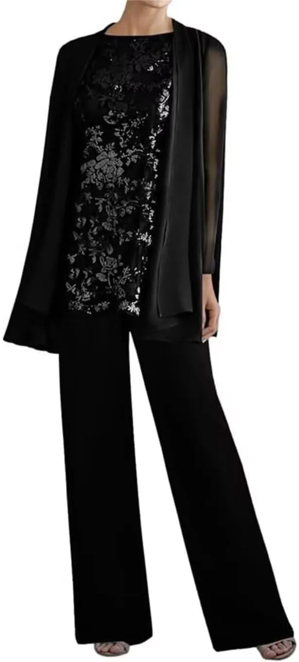 3 Pieces Mother of The Bride Pant Suits for Women Dressy Lace Wedding Formal Outfit with Jackets PG016