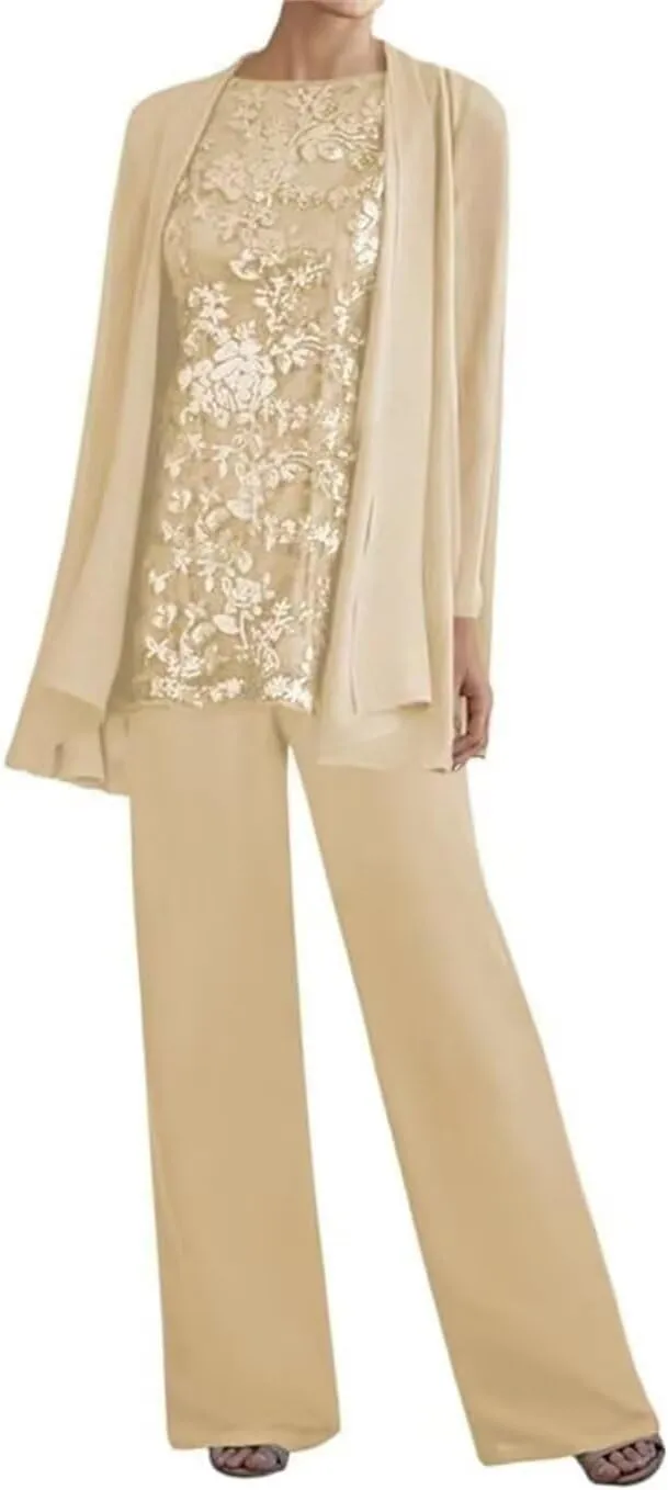 3 Pieces Mother of The Bride Pant Suits for Women Dressy Lace Wedding Formal Outfit with Jackets PG016