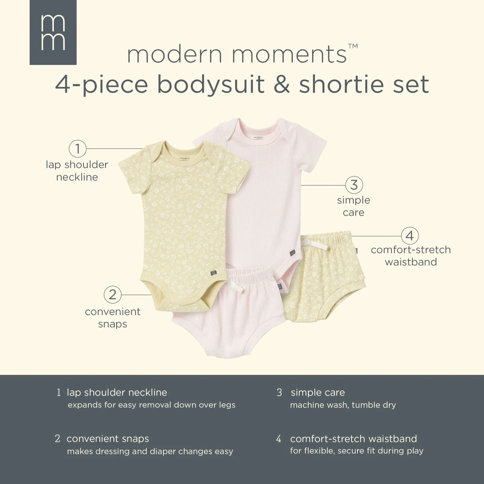 4-Piece Baby Girls Dusty Yellow Floral Short Sleeve Bodysuits and Shorts Set