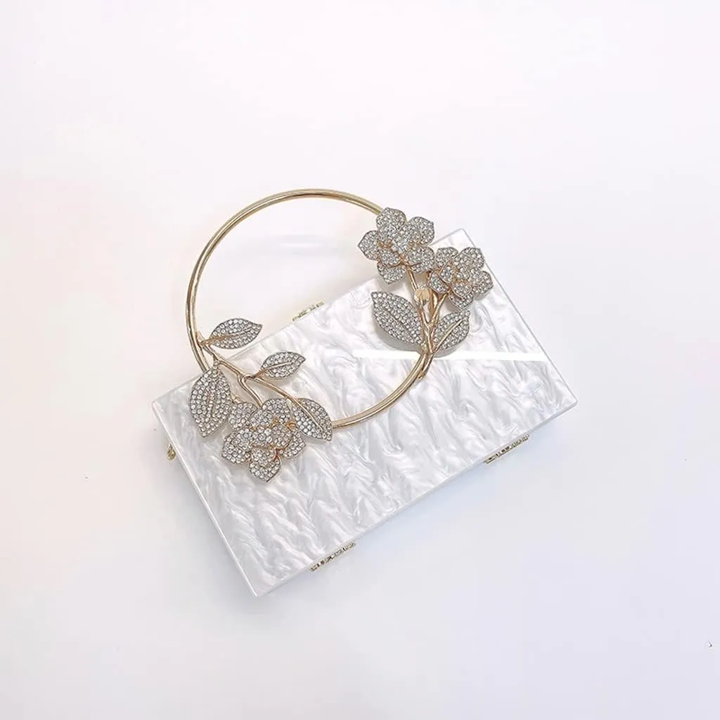 Acrylic Evening Bag for Woman Small Square Clutches Wedding Evening Purse Diamond Flower Hander Handbag(D)