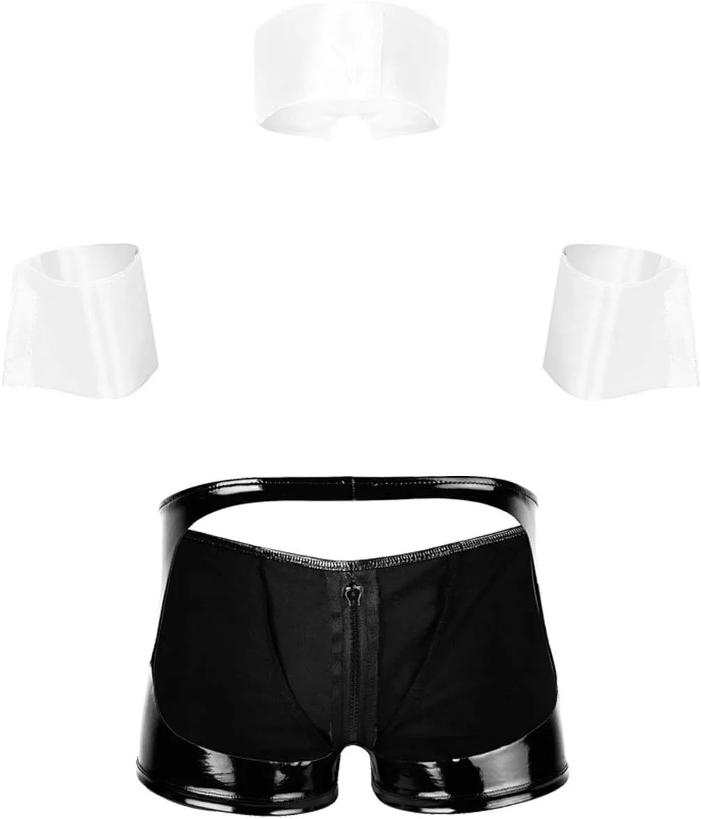 ACSUSS Mens 3Pcs Lingerie Set Open Butt Boxer Briefs with Collar and Cuffs Waiter Cosplay Costumes