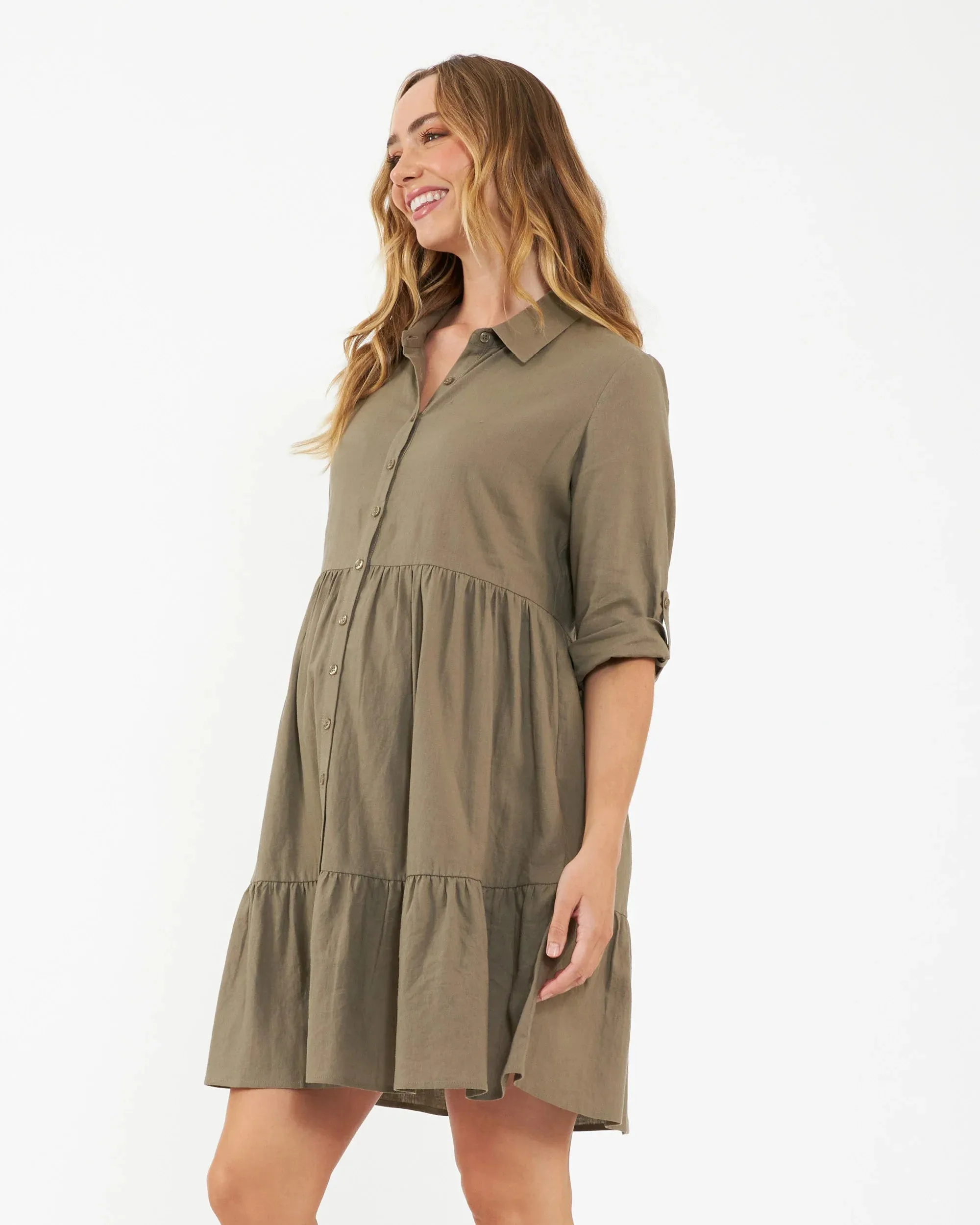 'Adel' Linen Maternity Dress - Olive Green