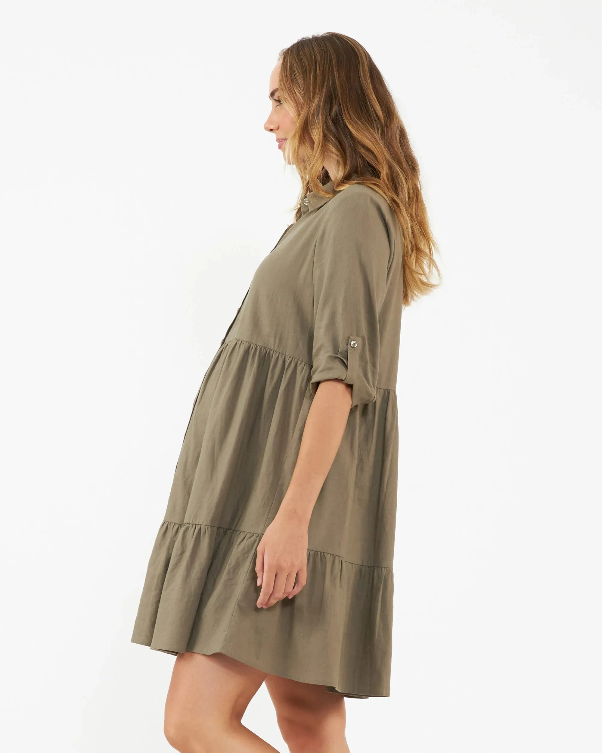 'Adel' Linen Maternity Dress - Olive Green