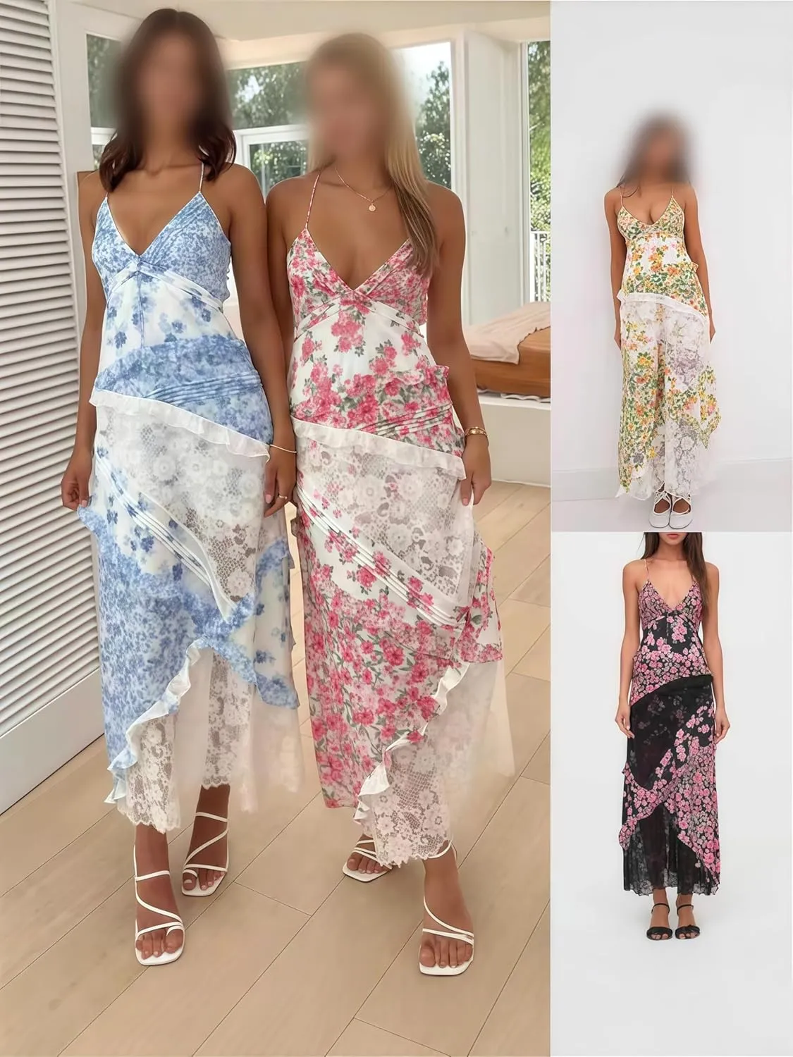 Adernlia Floral Maxi Dress, Boho Flowy Floral Summer Patchwork Maxi Dresses Sleeveless, Y2k Long Sundresses for Women