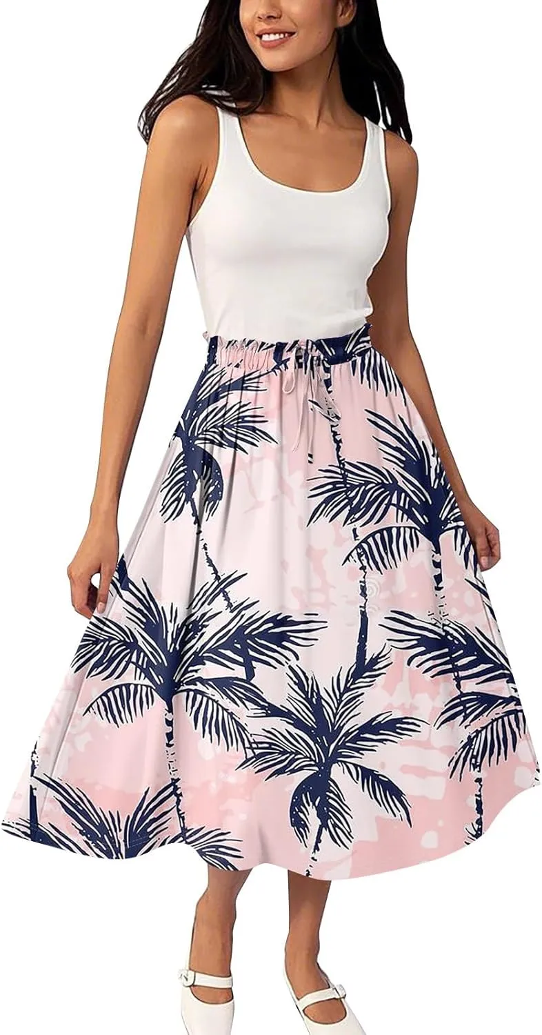 ADHOWBEW Long Skirts for Women A Line Flowy Beach High Waisted Midi Length Trendy Cute Plus Size Casual Ruffle Summer Skirts