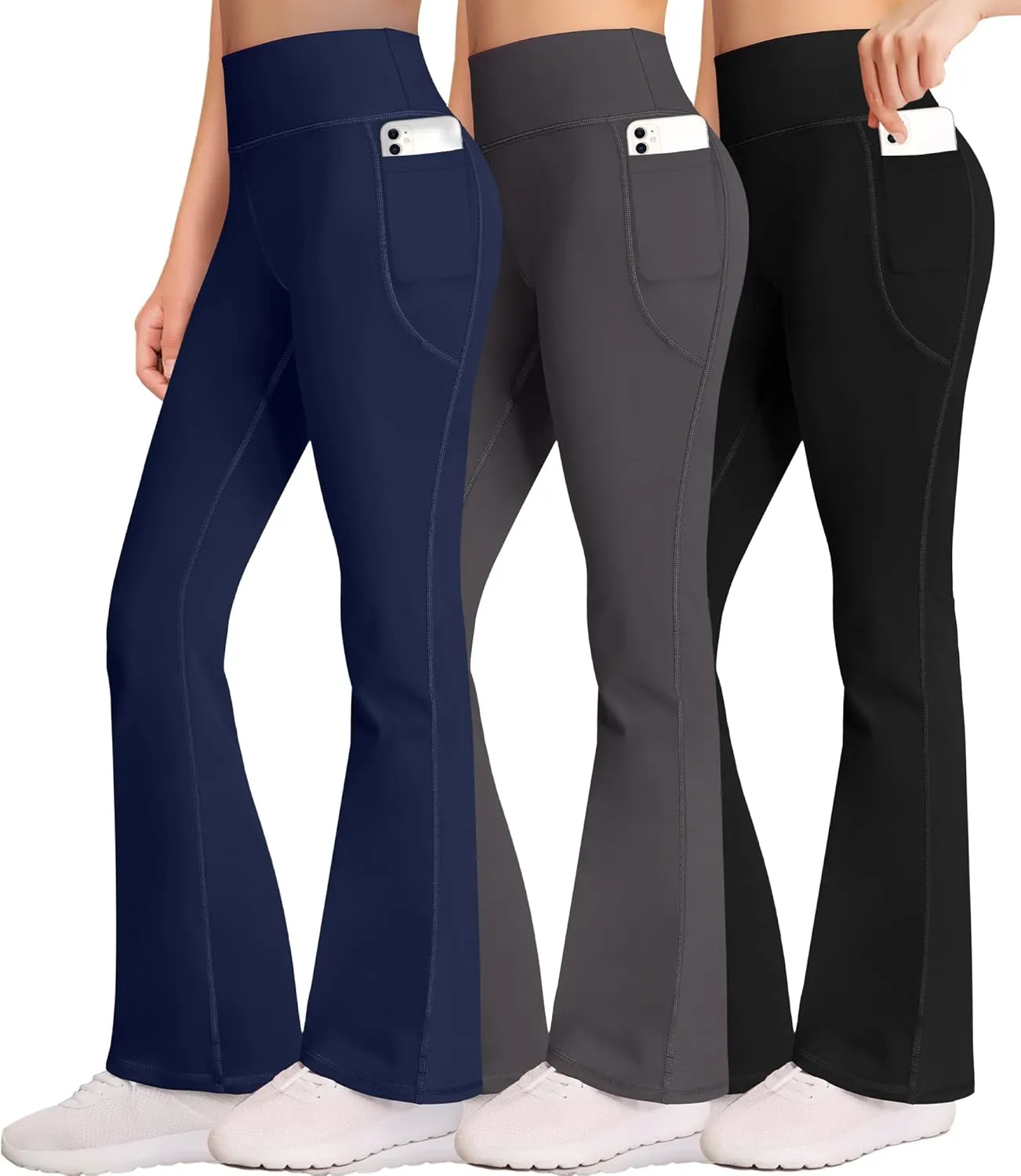 AENLLEY Girl Yoga Flare Wide Leg Tummy Control Stretchy Pants for Causal with Pockets 3 Pack