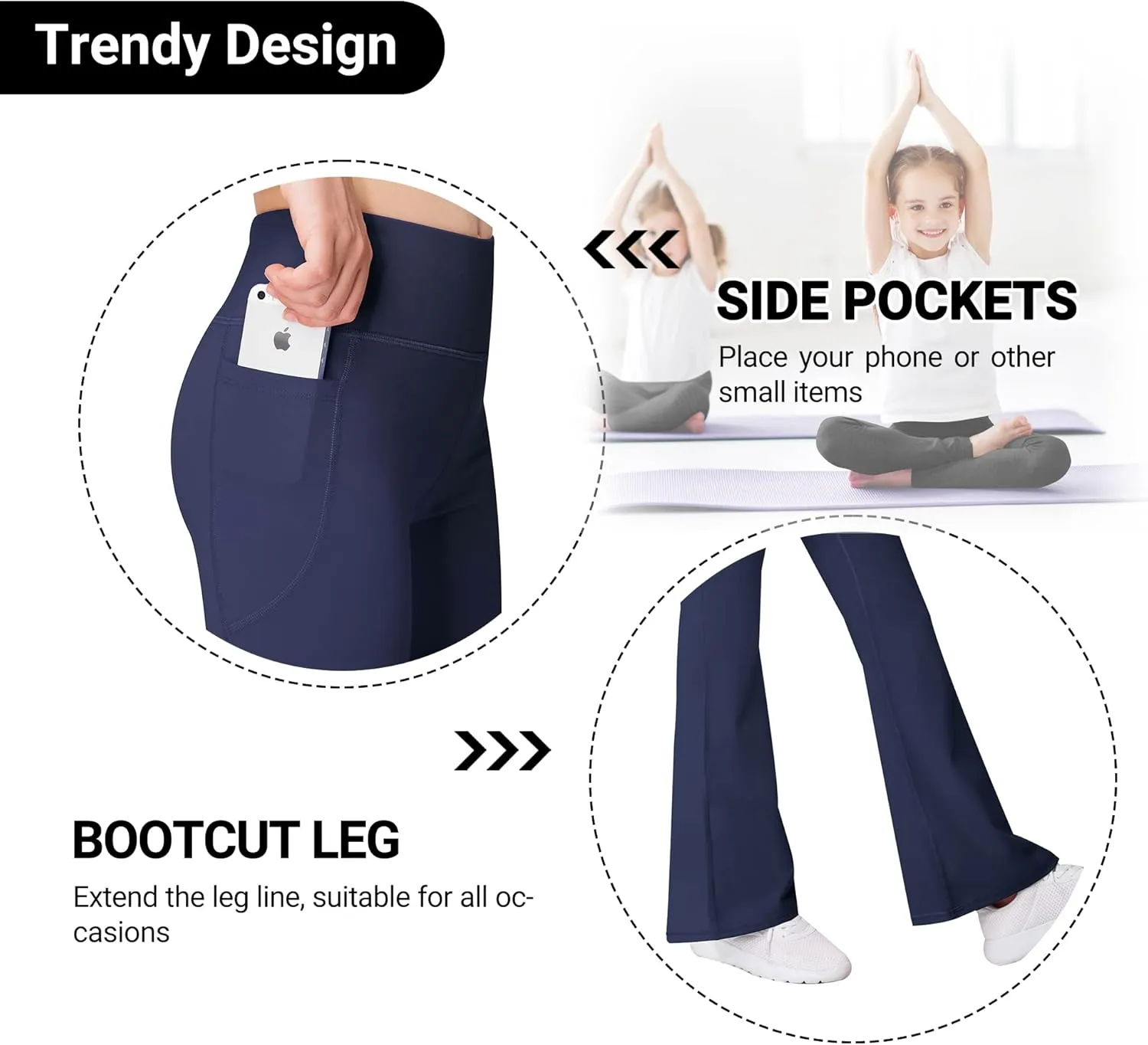 AENLLEY Girl Yoga Flare Wide Leg Tummy Control Stretchy Pants for Causal with Pockets 3 Pack