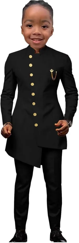 African Suits for Boy Solid Jackets and Pants 2 Piece Set Slim Fit Formal Outfits Wedding