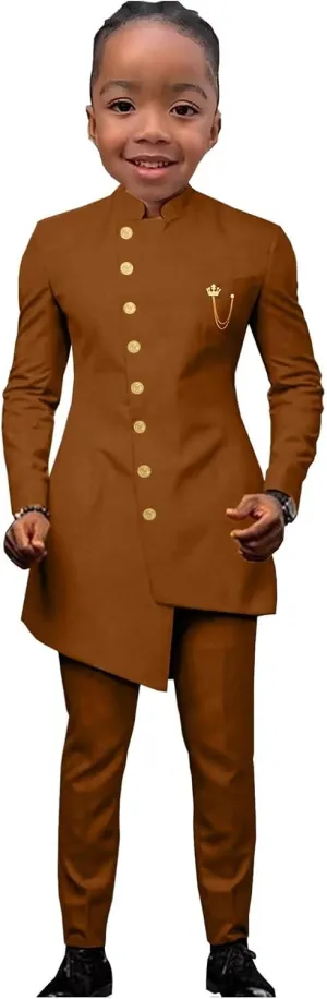 African Suits for Boy Solid Jackets and Pants 2 Piece Set Slim Fit Formal Outfits Wedding