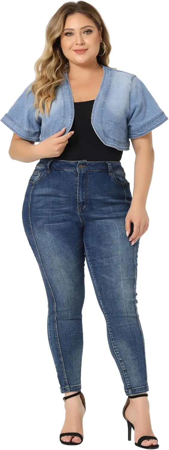 Agnes Orinda Plus Size Denim Jackets for Women Cardigan Casual Short Crop Jean Jacket Shrug 2024