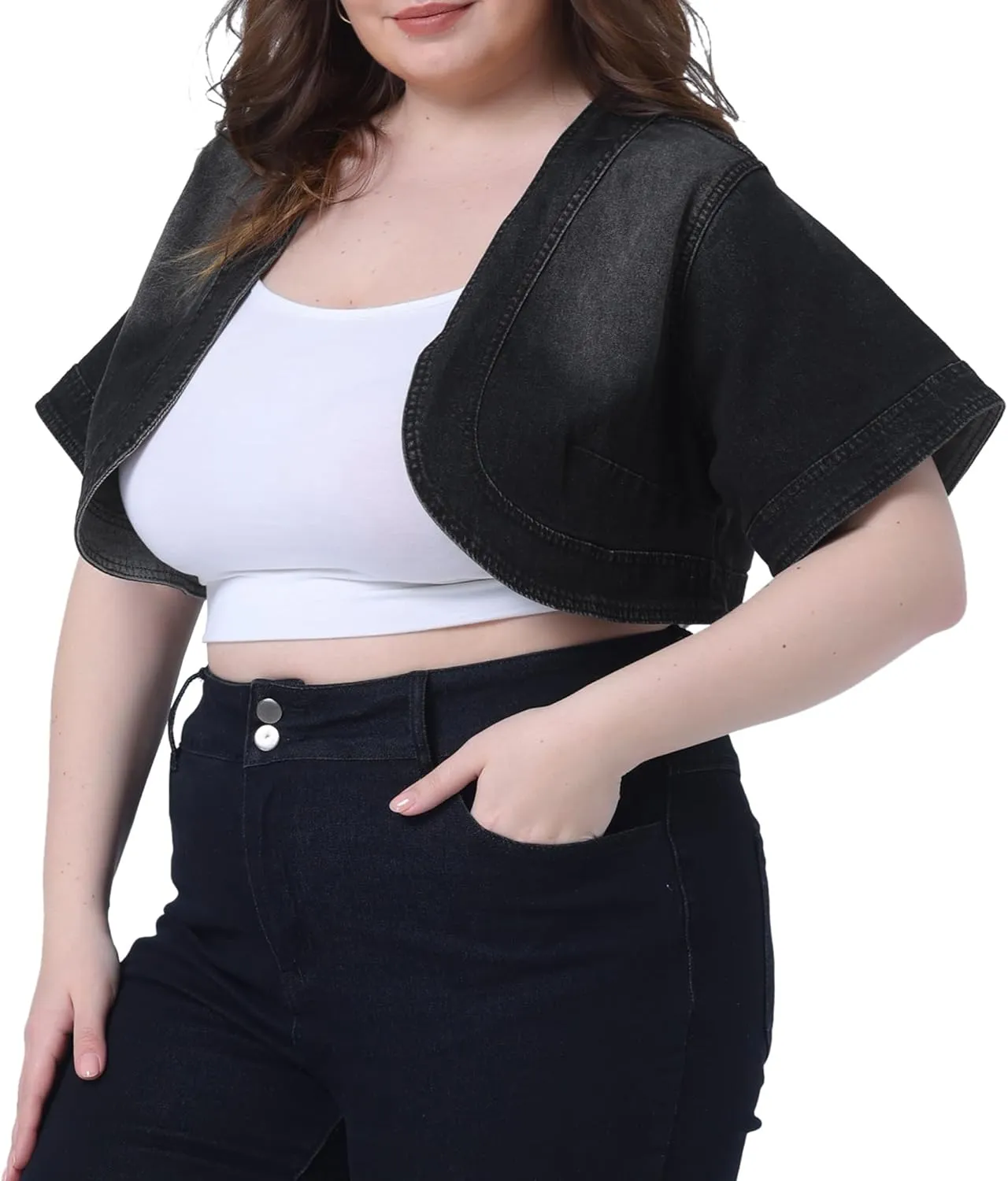 Agnes Orinda Plus Size Denim Jackets for Women Cardigan Casual Short Crop Jean Jacket Shrug 2024