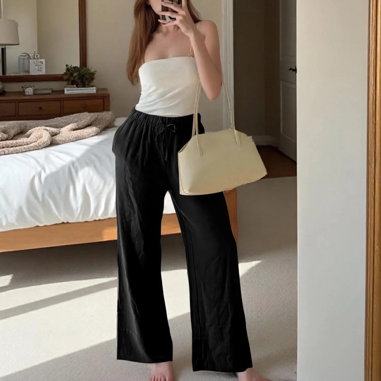 Ainangua Women Linen Palazzo Pants Casual Elasticated Drawstring Waist Wide Leg Trousers Trendy Beach Travel Outfits