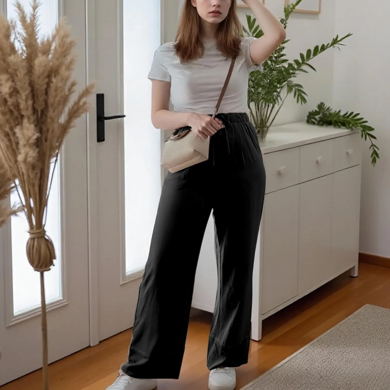Ainangua Women Linen Palazzo Pants Casual Elasticated Drawstring Waist Wide Leg Trousers Trendy Beach Travel Outfits