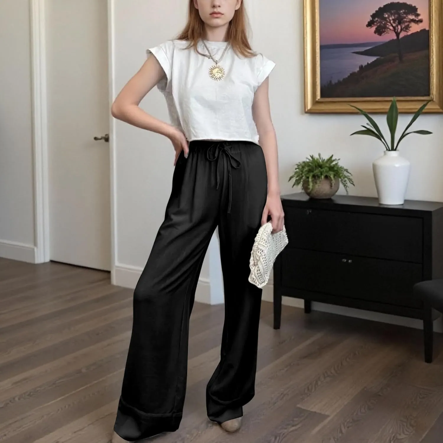 Ainangua Women Linen Palazzo Pants Casual Elasticated Drawstring Waist Wide Leg Trousers Trendy Beach Travel Outfits