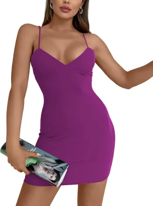 AISEW Womens Sexy V Neck Spaghetti Strap Bodycon Mini Dress Party Slip Short Dresses Beach Sundress with Built-in Bra