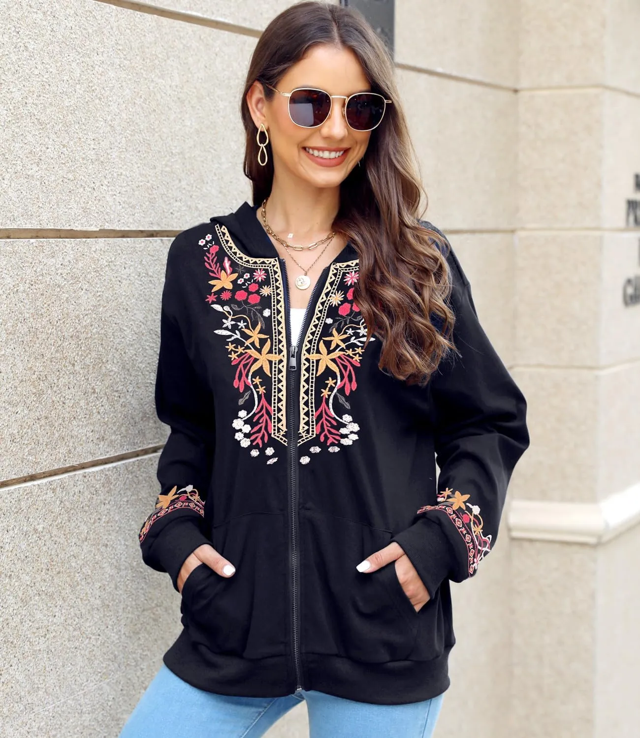 AK Women's Full Zip Long Sleeve Embroidered Sweatshirt Floral Boho Embroidered Mexican Hoodie Fall Winter Coat Tops Jackets