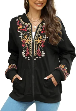 AK Women's Full Zip Long Sleeve Embroidered Sweatshirt Floral Boho Embroidered Mexican Hoodie Fall Winter Coat Tops Jackets