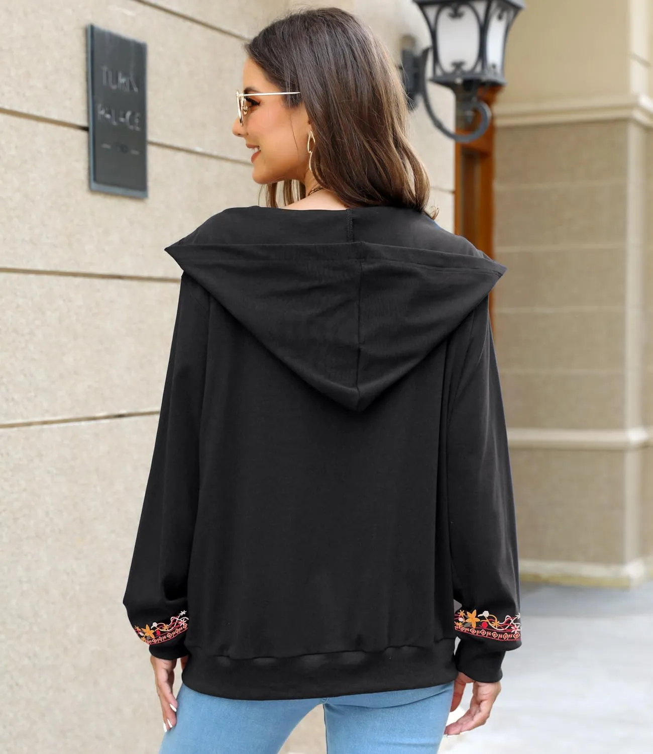 AK Women's Full Zip Long Sleeve Embroidered Sweatshirt Floral Boho Embroidered Mexican Hoodie Fall Winter Coat Tops Jackets