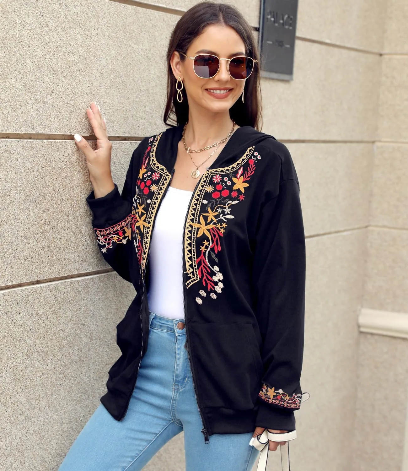 AK Women's Full Zip Long Sleeve Embroidered Sweatshirt Floral Boho Embroidered Mexican Hoodie Fall Winter Coat Tops Jackets