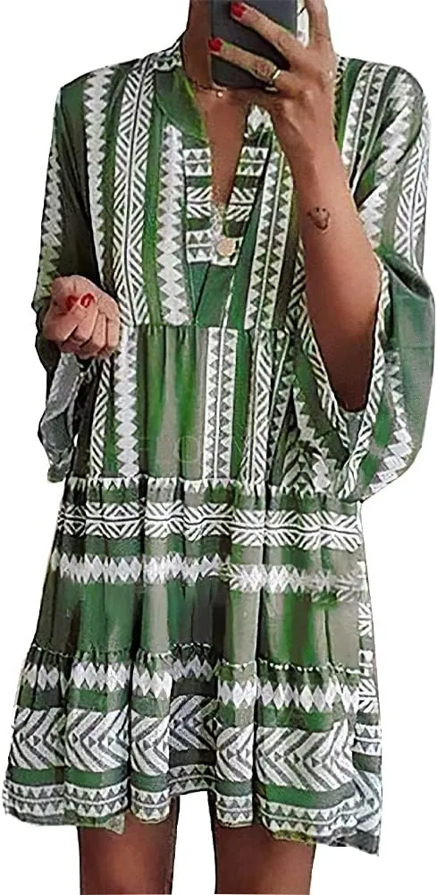 Akivide Women's Summer Boho Floral Print V Neck Ruffle Sleeve Loose Casual Short Mini Dress for Women (Large, Green 2)
