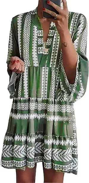 Akivide Women's Summer Boho Floral Print V Neck Ruffle Sleeve Loose Casual Short Mini Dress for Women (Large, Green 2)