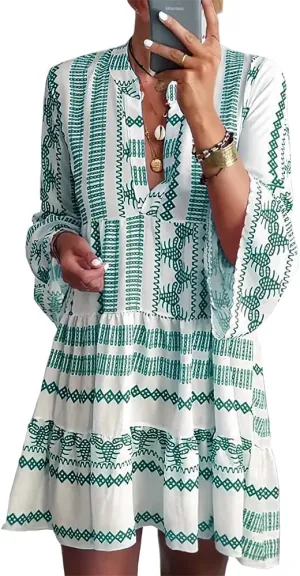 Akivide Women's Summer Boho Floral Print V Neck Ruffle Sleeve Loose Casual Short Mini Dress for Women