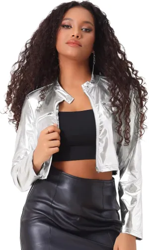 Allegra K Stand Collar Jacket for Women's Christmas Costumes Metallic Zipper Cropped Party Club Long Sleeve Jackets
