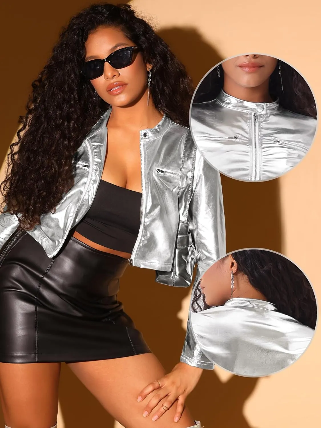 Allegra K Stand Collar Jacket for Women's Christmas Costumes Metallic Zipper Cropped Party Club Long Sleeve Jackets