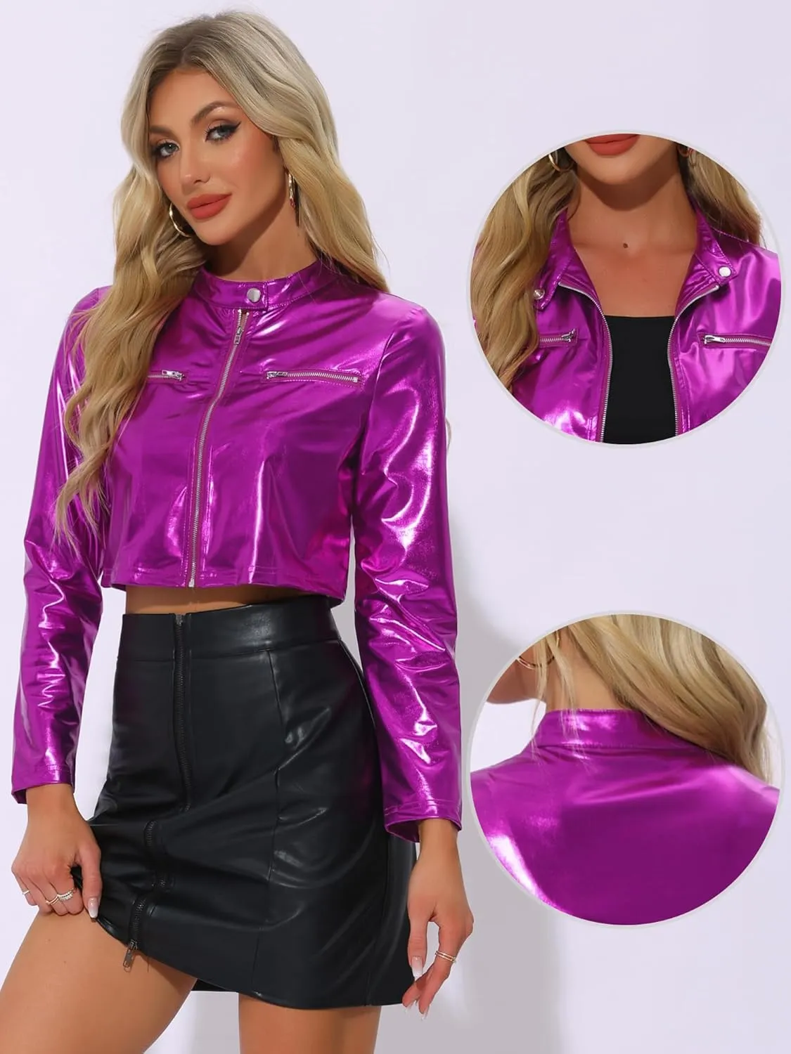 Allegra K Stand Collar Jacket for Women's Christmas Costumes Metallic Zipper Cropped Party Club Long Sleeve Jackets