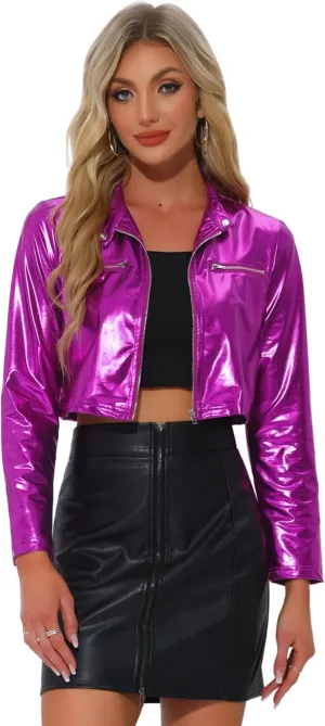 Allegra K Stand Collar Jacket for Women's Christmas Costumes Metallic Zipper Cropped Party Club Long Sleeve Jackets