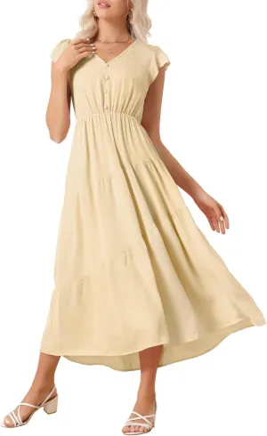 Allegra K Women's Summer Casual Boho Maxi Dress V Neck Short Sleeve Ruffle Elastic Waist Tiered Beach Long Dress