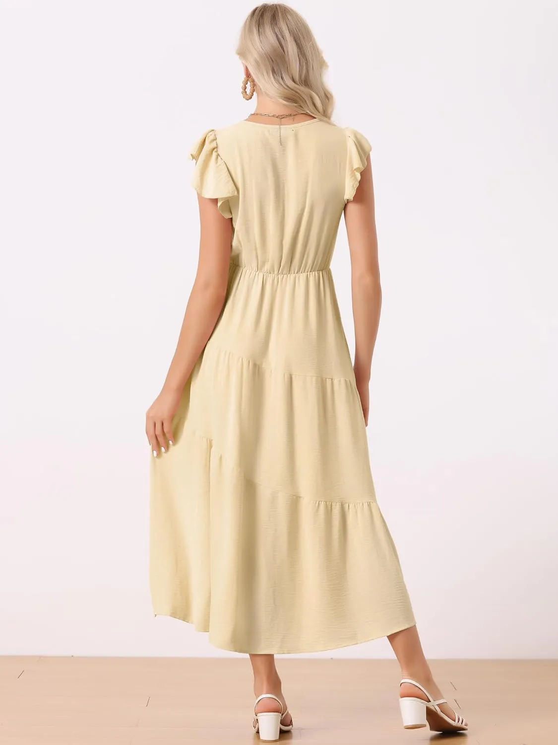 Allegra K Women's Summer Casual Boho Maxi Dress V Neck Short Sleeve Ruffle Elastic Waist Tiered Beach Long Dress