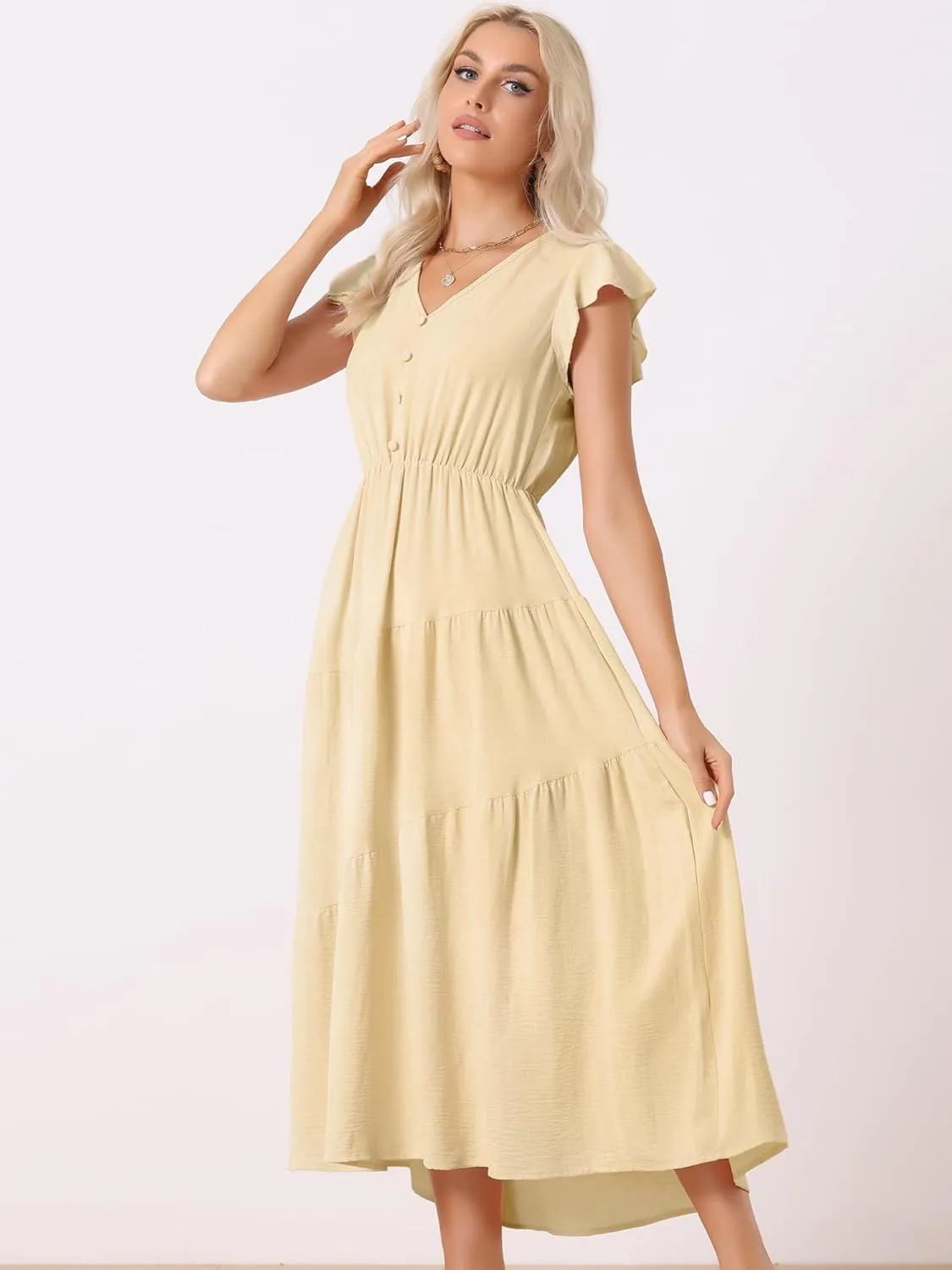 Allegra K Women's Summer Casual Boho Maxi Dress V Neck Short Sleeve Ruffle Elastic Waist Tiered Beach Long Dress