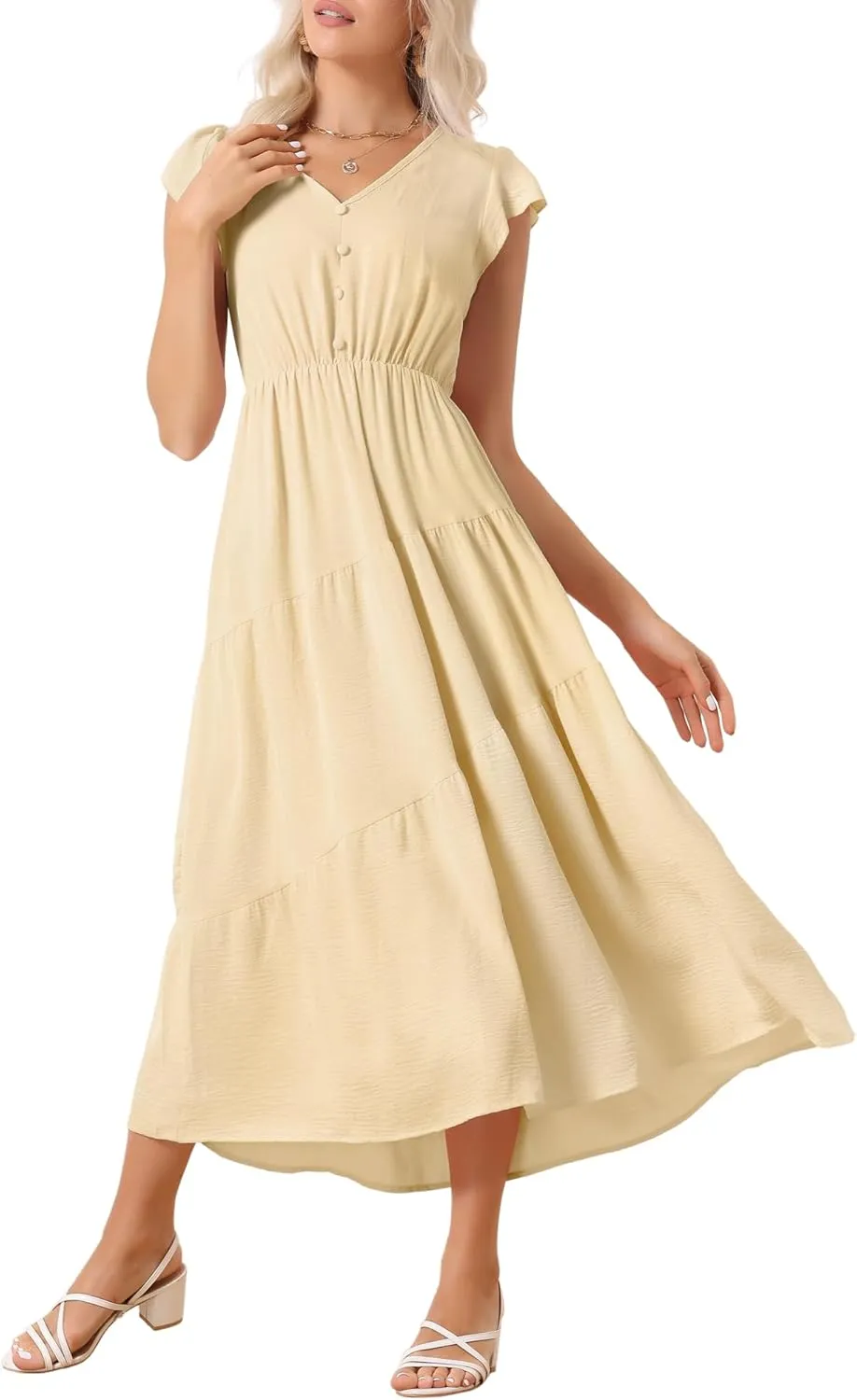 Allegra K Women's Summer Casual Boho Maxi Dress V Neck Short Sleeve Ruffle Elastic Waist Tiered Beach Long Dress