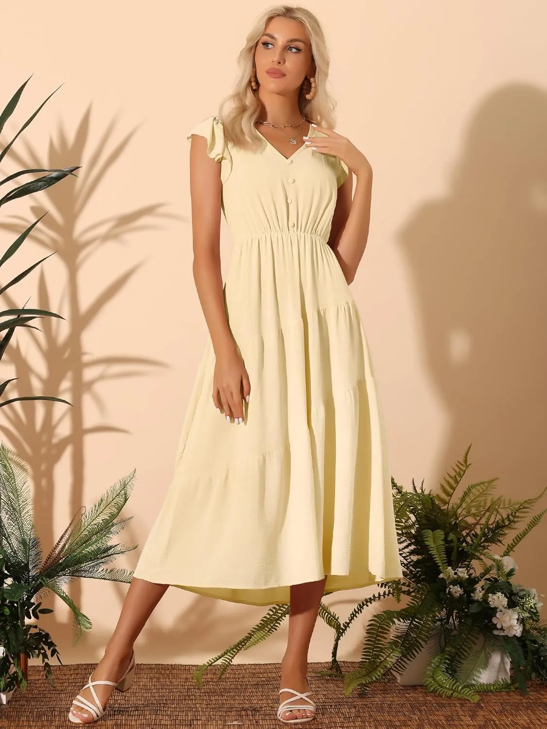 Allegra K Women's Summer Casual Boho Maxi Dress V Neck Short Sleeve Ruffle Elastic Waist Tiered Beach Long Dress