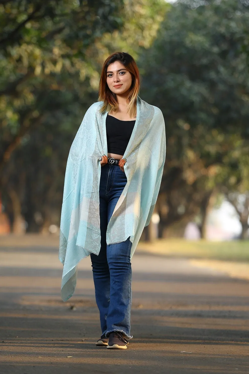 ALLURING SKY BLUE COLOUR  KASHMIRI STOLE DEFINES FEMINISM AND ENHANCES SOPHISTICATION
