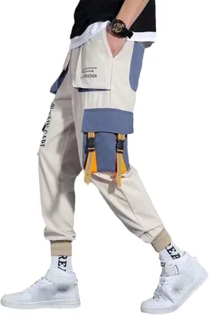 Aoleaky Men's Harem Jogging Pants with Ribbons Casual Streetwear Slim Fit Spring Cargo Pants and Multi-Pocket Trousers