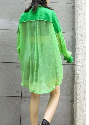 Art green chiffon patchwork tops women blouses big pockets tunic summer blouses