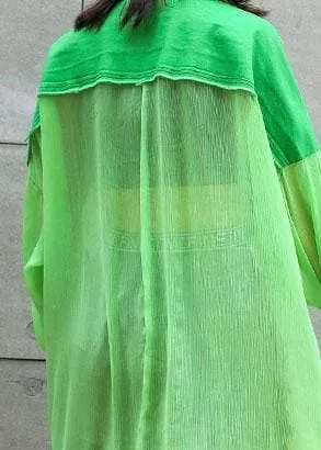 Art green chiffon patchwork tops women blouses big pockets tunic summer blouses