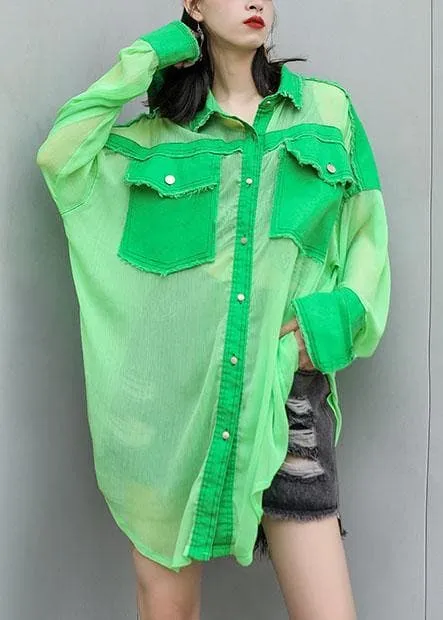 Art green chiffon patchwork tops women blouses big pockets tunic summer blouses